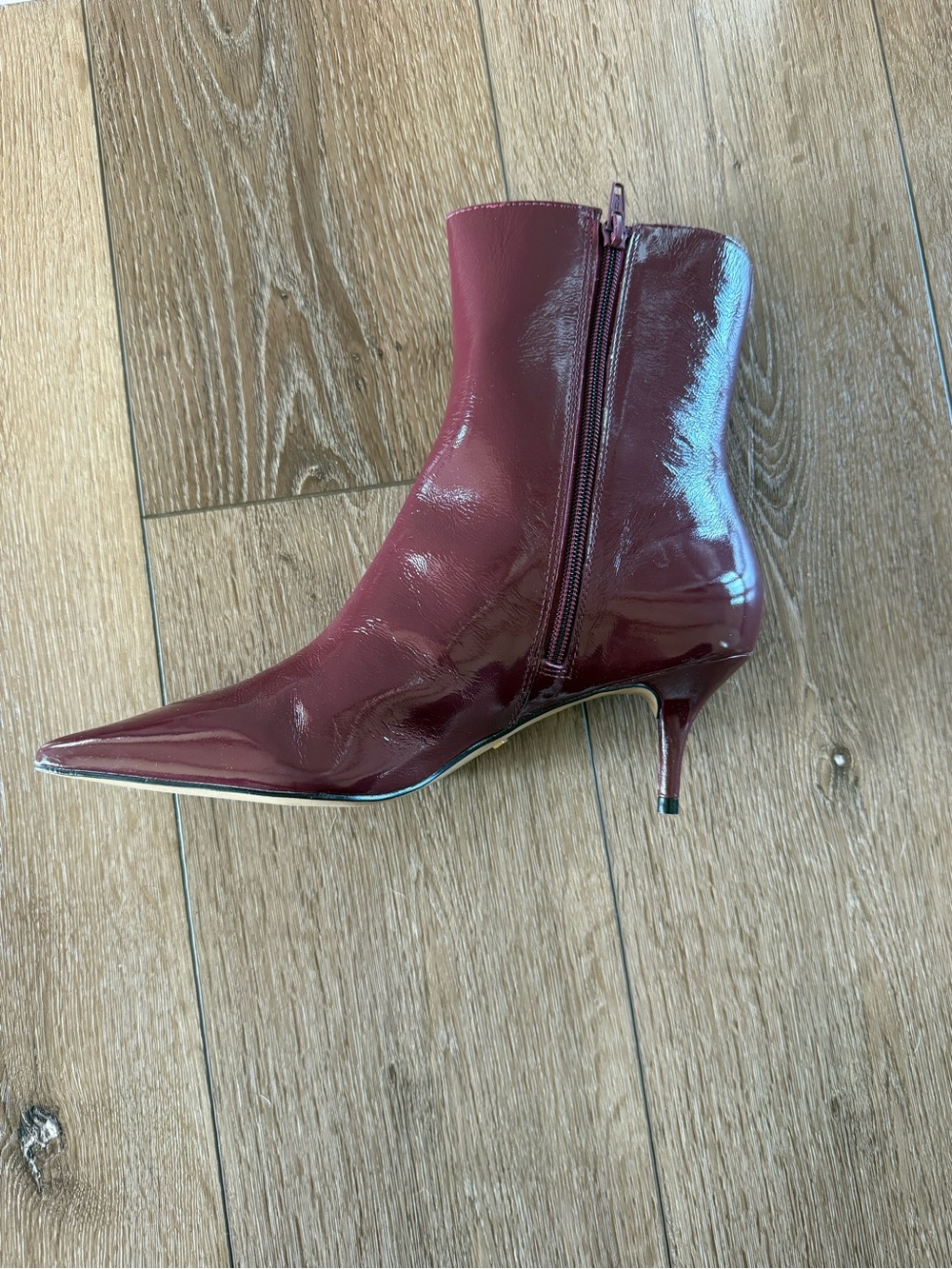 Patent Pointed-Toe Ankle Bootie in Burgundy
